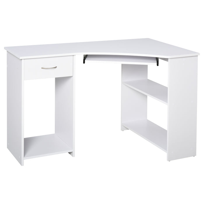 L-Shaped Corner Computer Desk w/ 2 Shelves Wide Worktop Keyboard Tray Drawer & CPU Stand Home Office Study Bedroom Furniture White