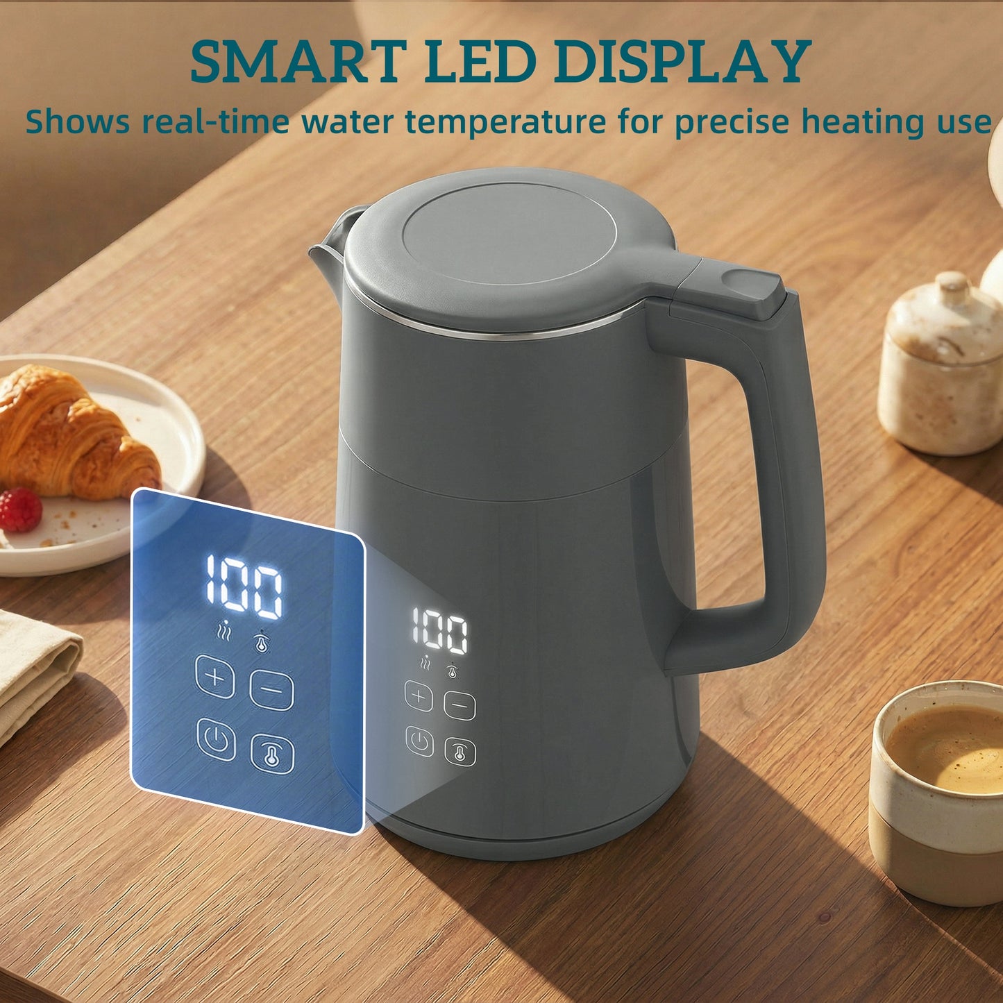 Electric Kettle, 1.7L Fast Boil 3kW Water Kettle with UK Strix Thermostat, LED Display, Keep Warm Function, Auto Shut-off and Boil-Dry Protection, Grey