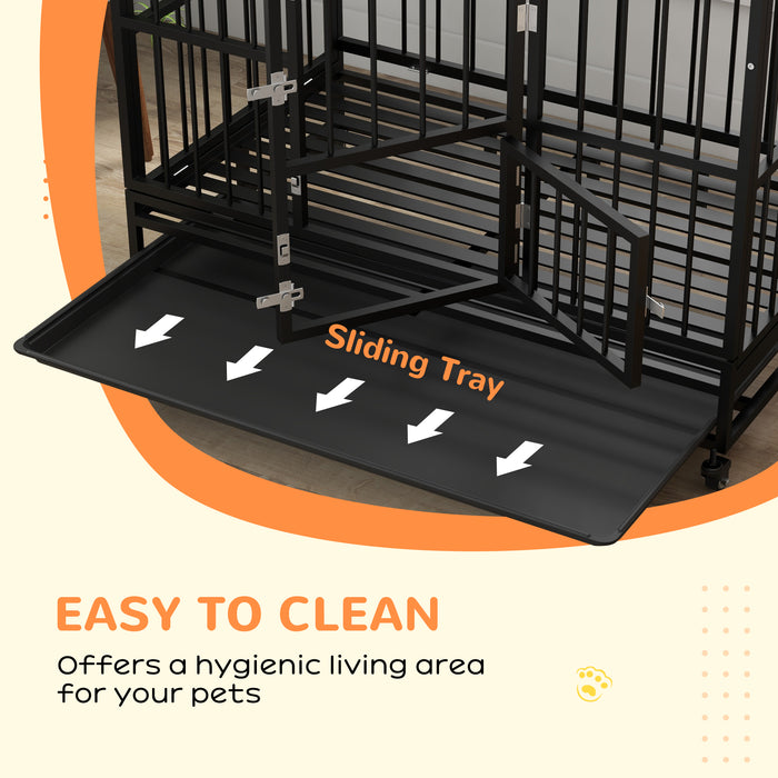 48" Heavy Duty Dog Crate on Wheels, with Removable Tray, Openable Top, for L, XL Dogs - Black