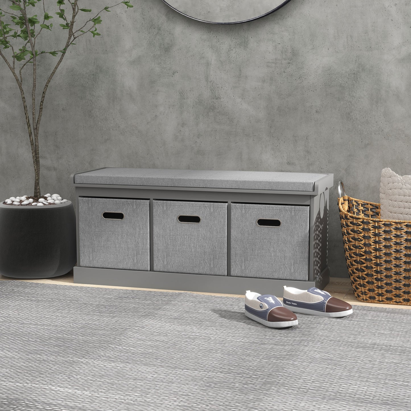 Shoe Bench with Seat, Shoe Storage Bench with Fabric Drawers, Grey