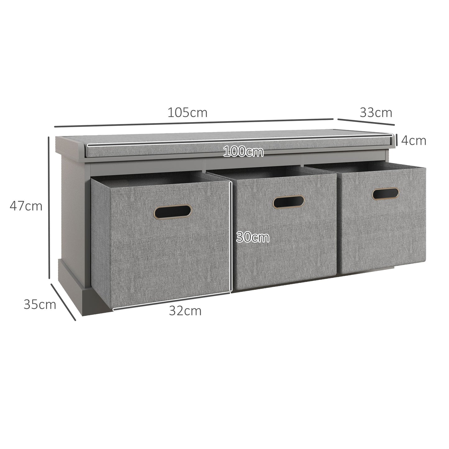 Shoe Bench with Seat, Shoe Storage Bench with Fabric Drawers, Grey