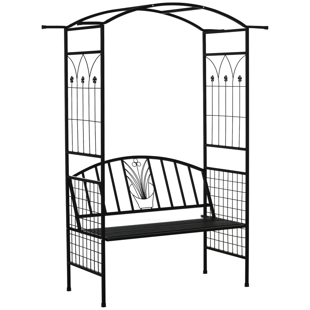 Garden Metal Arch Arbour with Bench Love Seat Chair Outdoor Patio Rose Trellis Pergola Climbing Plant Archway Tubular - 154L x 60W x 205Hcm