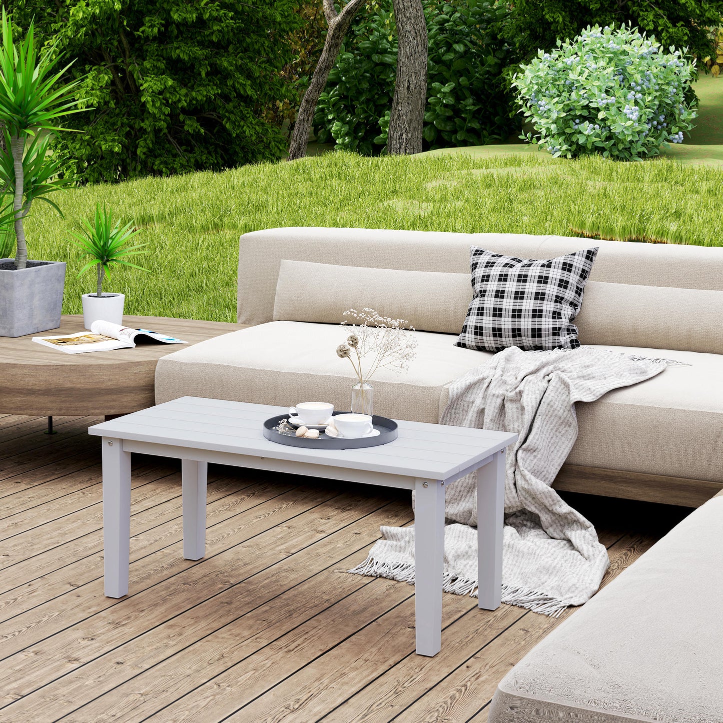 HDPE Rectangle Garden Coffee Table, Slatted Outdoor Table, White