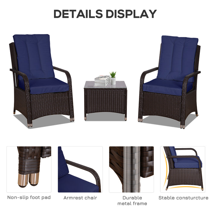 3 Pieces Outdoor Rattan Bistro Set, Patio Wicker Balcony Furniture with Steel Frame, Conservatory Set w/ 2 Cushioned Chair, Coffee Table & Cover, Dark Blue