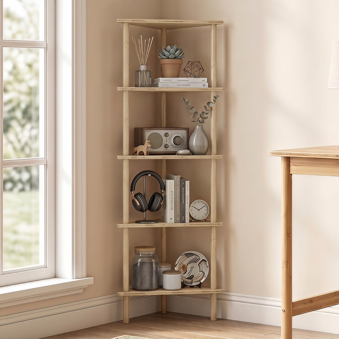 5-Tier Corner Storage Shelf for Living Room, Natural Wood Finish