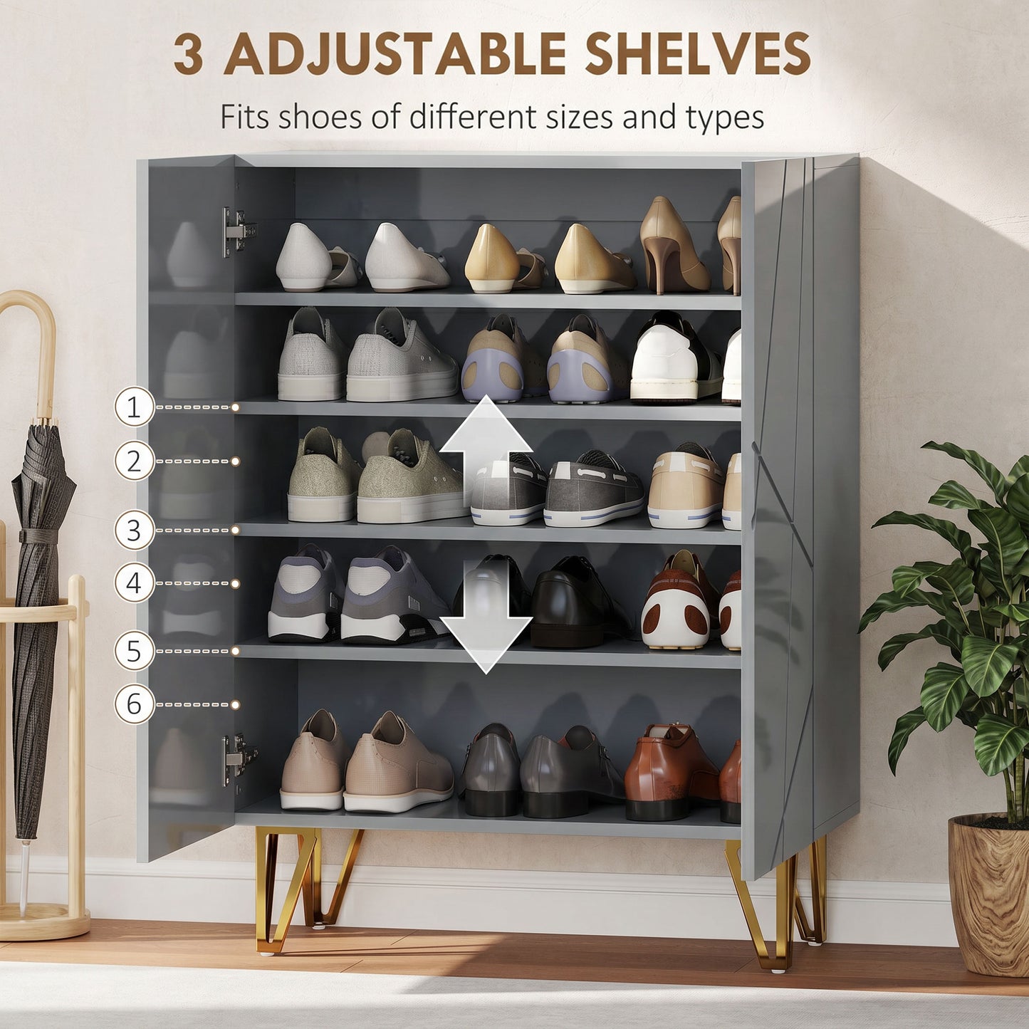 Shoe Storage Cabinet with Soft-Close Hinges and Adjust Shelves, Grey