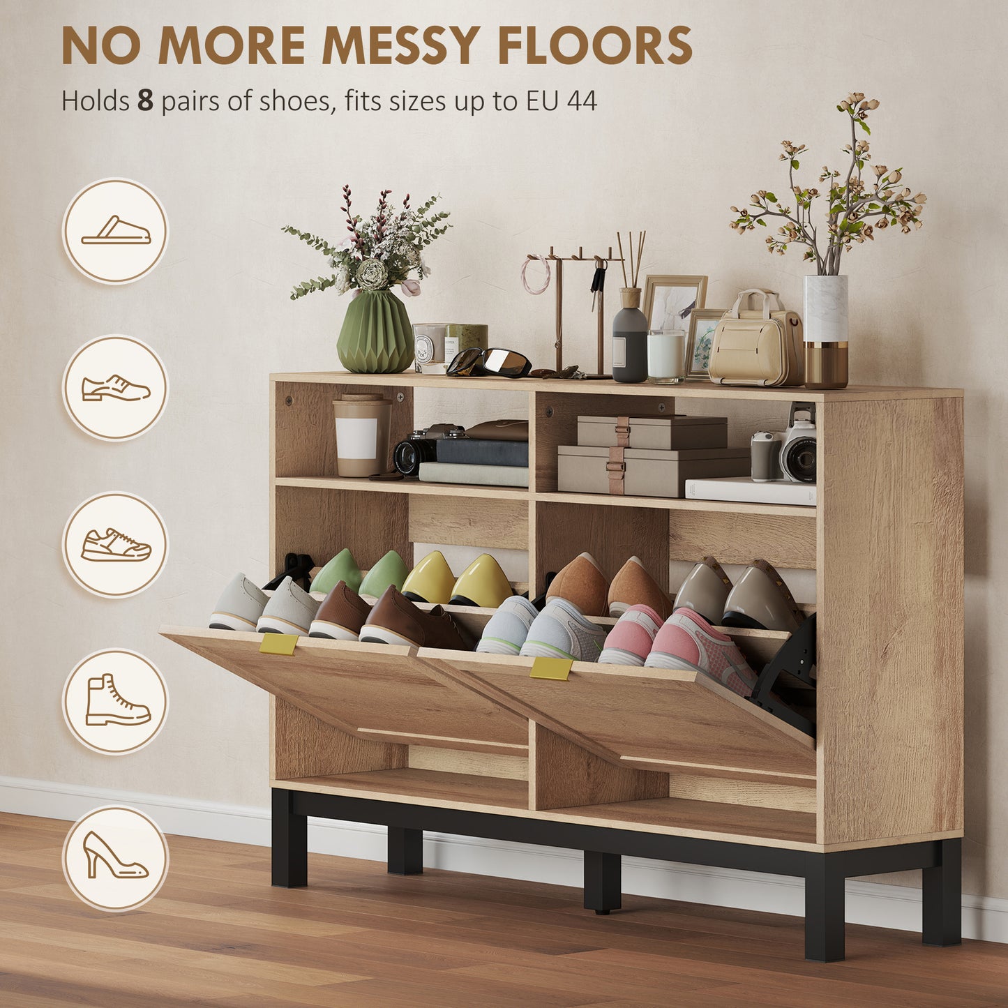 Narrow Shoe Cabinet with 2 Flip Drawers, Modern Shoe Storage Cabinet