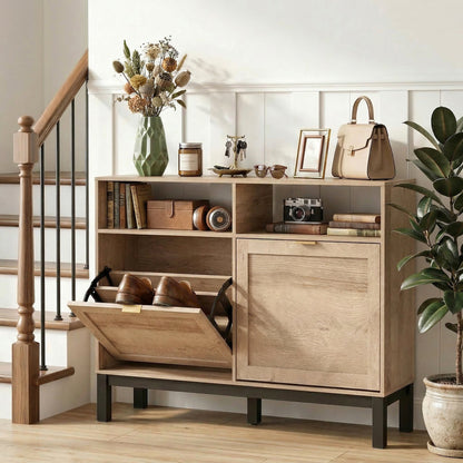 Narrow Shoe Cabinet with 2 Flip Drawers, Modern Shoe Storage Cabinet