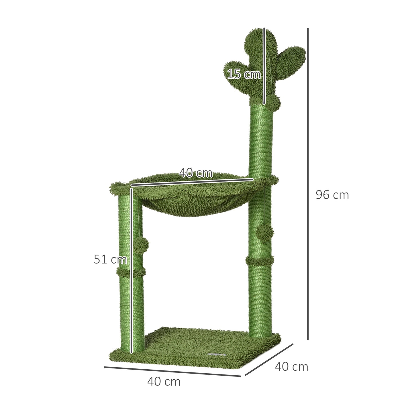 Cactus Cat Tree Tower for Indoor Cats Sisal Scratching Post with Hammock Bed Dangling Ball 40 x 40 x 96 cm