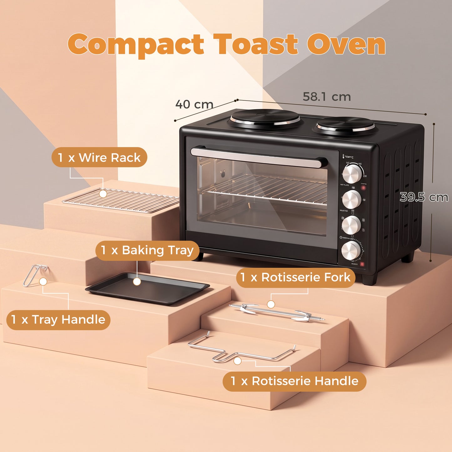 46L Mini Oven with Dual Hot Plates, Electric Countertop Cooker