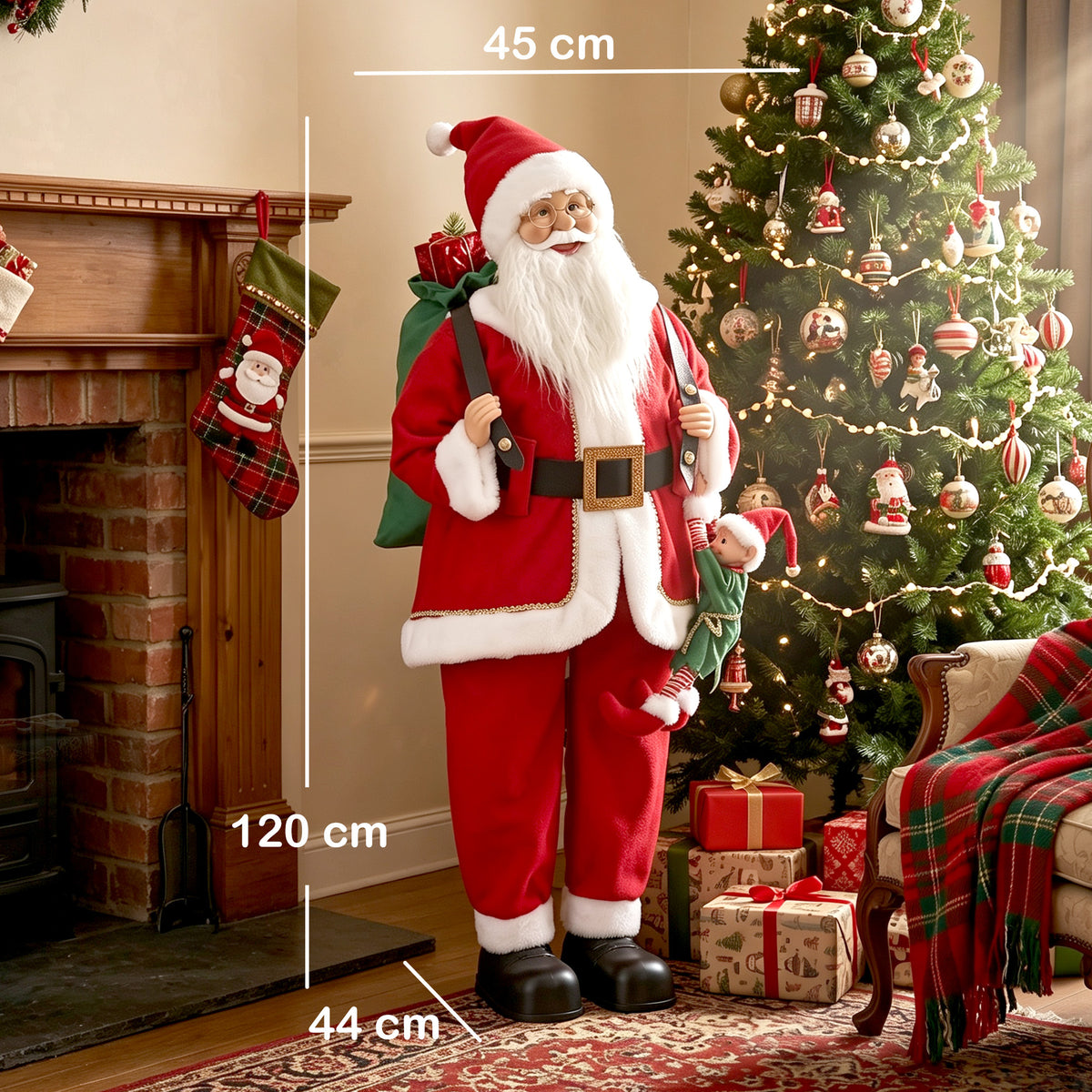 4ft Christmas Singing Dancing Santa Claus with Sack, Hanging Elf