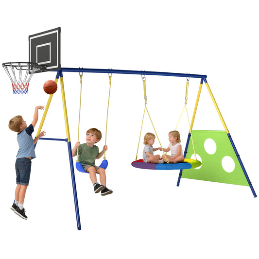 4-in-1 Kids Swing Set with Swing, Basketball Hoop, Football Goal