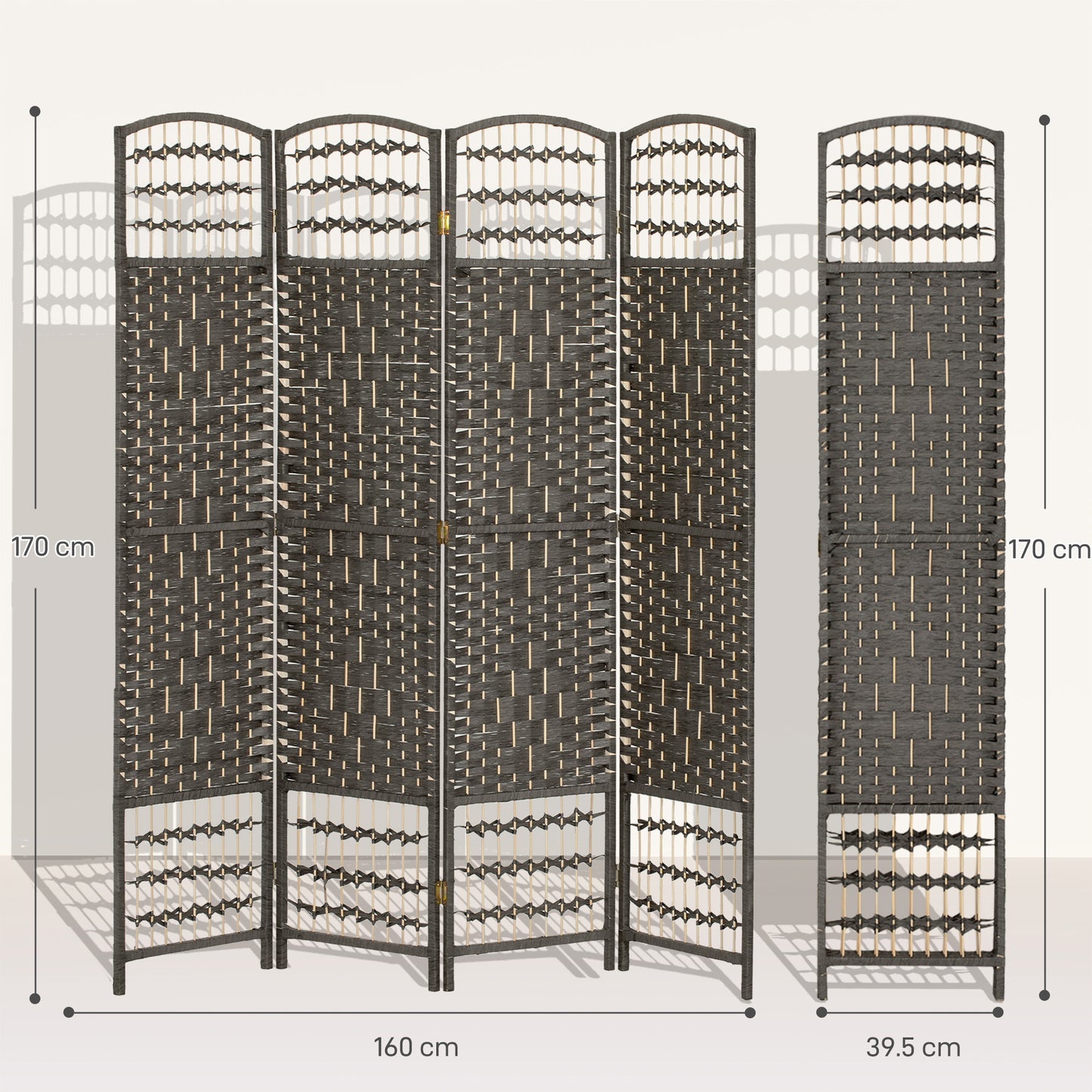 4 Panel Folding Privacy Screen with Pine Wood Frame, Dark Grey