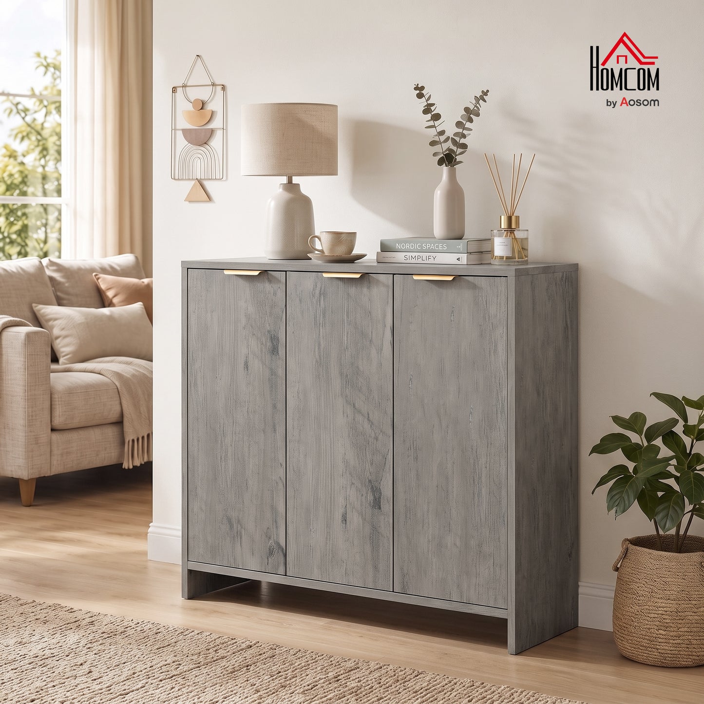Sideboard with 3 Doors and Adjustable Shelves, Kitchen Cupboard, Grey