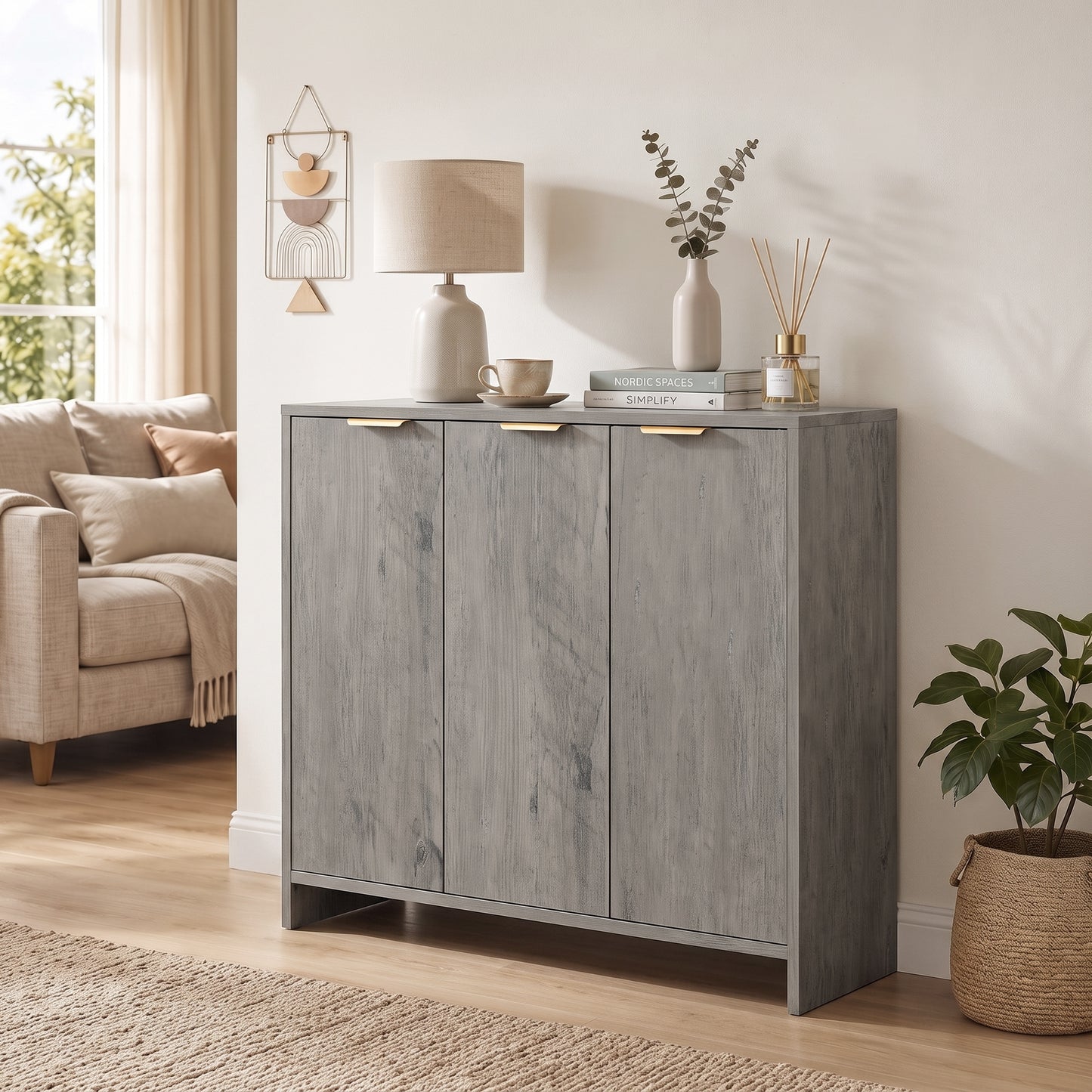 Sideboard with 3 Doors and Adjustable Shelves, Kitchen Cupboard, Grey