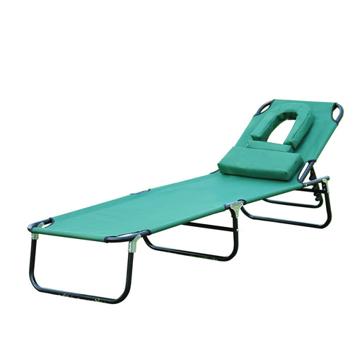 Foldable Outdoor Sun Lounger Adjustable Backrest Reclining Chair with Pillow and Reading Hole Garden Beach, Green