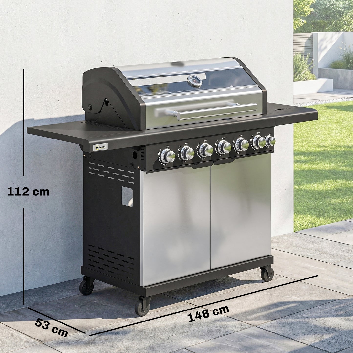 6+1 Burner Gas BBQ Grill, Barbecue Grill with Warming Rack, Silver