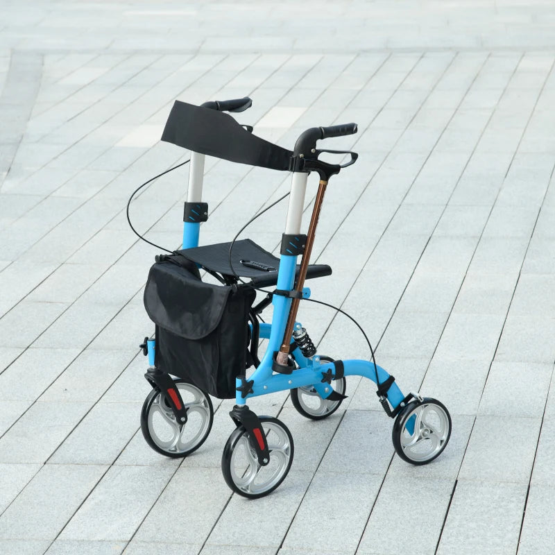 4 Wheel Rollator with Seat and Back, Lightweight Folding Mobility Walker with Large Wheels, Carry Bag, Adjustable Height,  - Blue