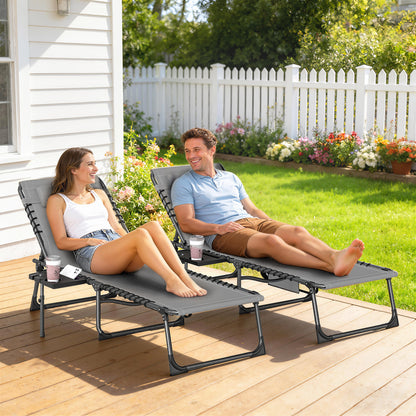 Folding Sun Loungers with 5-Level Back, Cup Holder, Grey