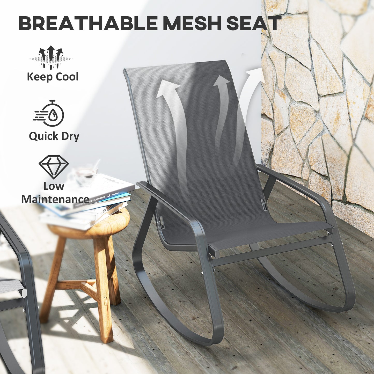 2PCS Garden Rocking Chairs with Armrests, High Back, Grey