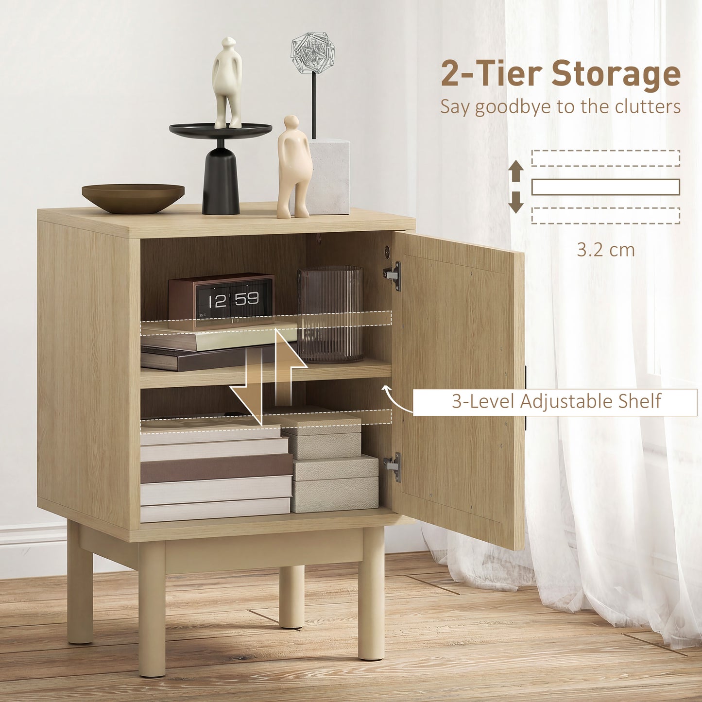 Rattan Bedside Table, Boho Bedside Cabinet with Adjustable Shelf and Solid Wood Legs, Side Table for Living Room, Bedroom, Natural Wood