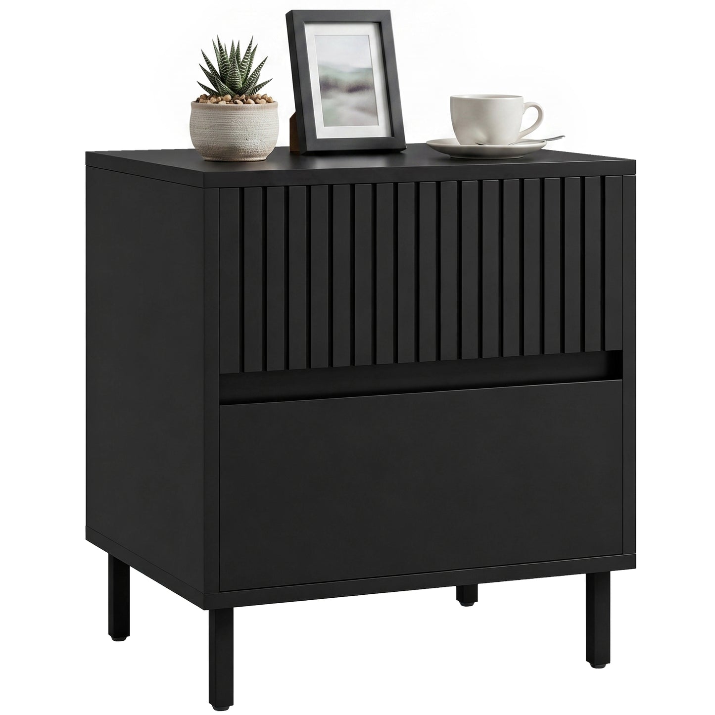 Bedside Cabinet with 2 Drawers, Storage and Steel Legs, Black