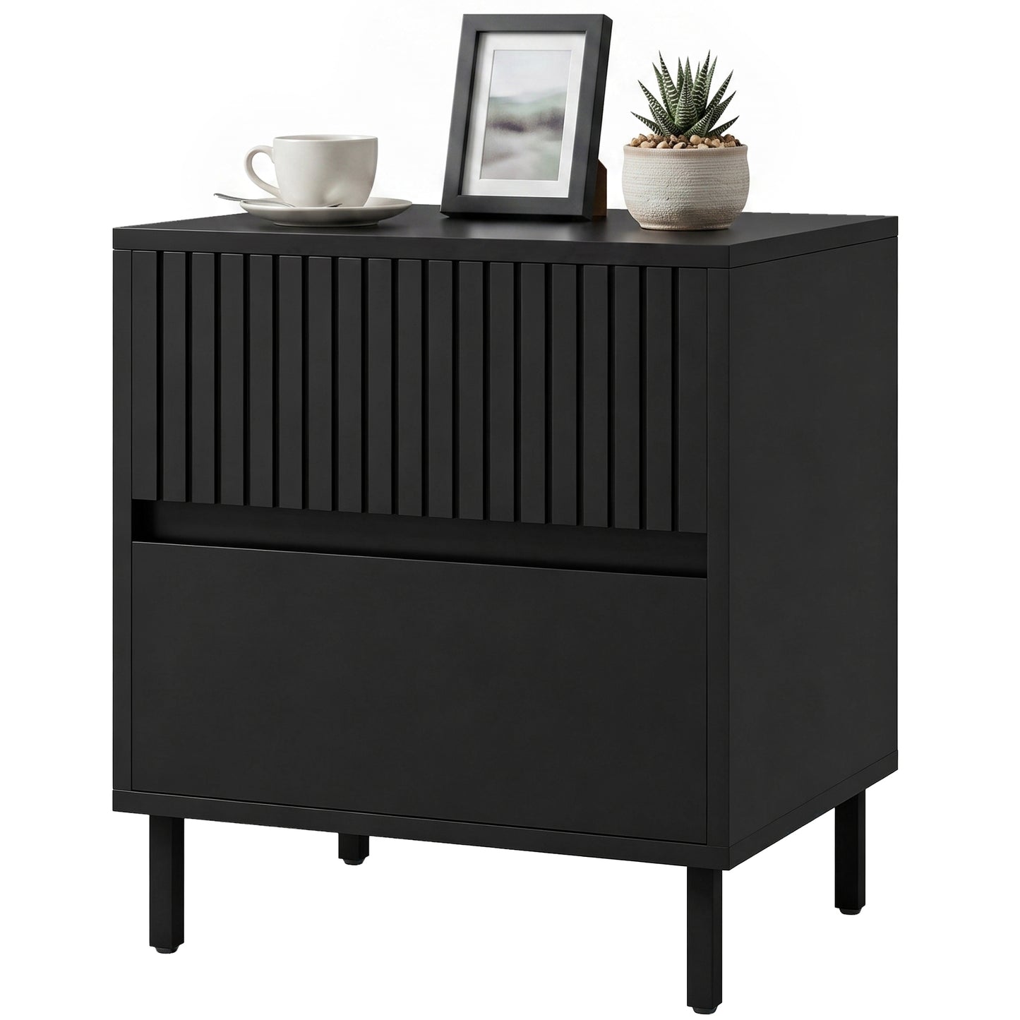 Bedside Cabinet with 2 Drawers, Storage and Steel Legs, Black