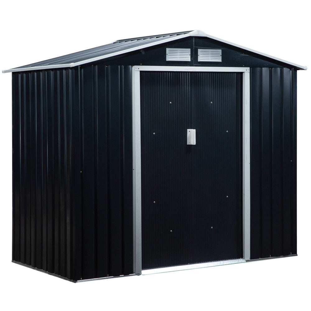 Lockable Garden Shed Large Patio Roofed Tool Metal Storage Building Foundation Sheds Box Outdoor Furniture, 7ft x 4ft, Grey