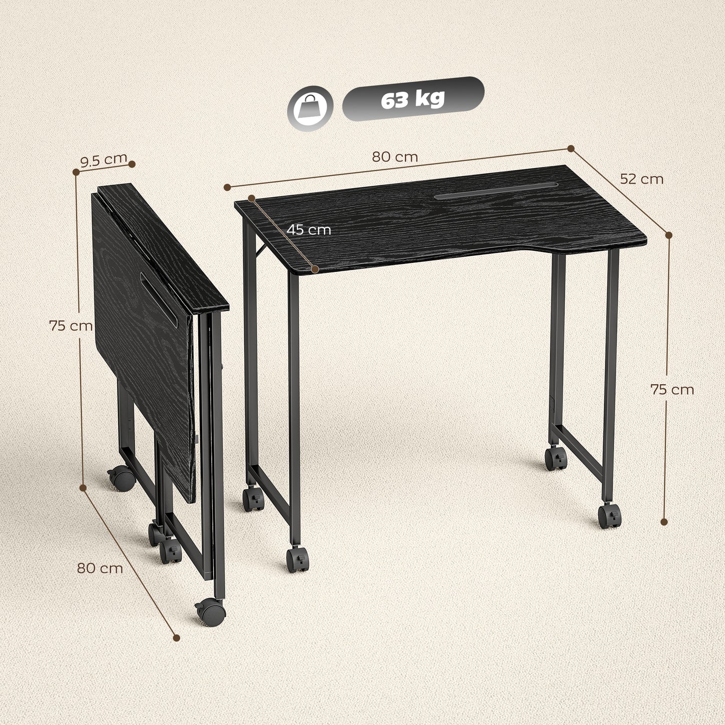 Small Writing Desk with Wheels, Folding Study Table, Black