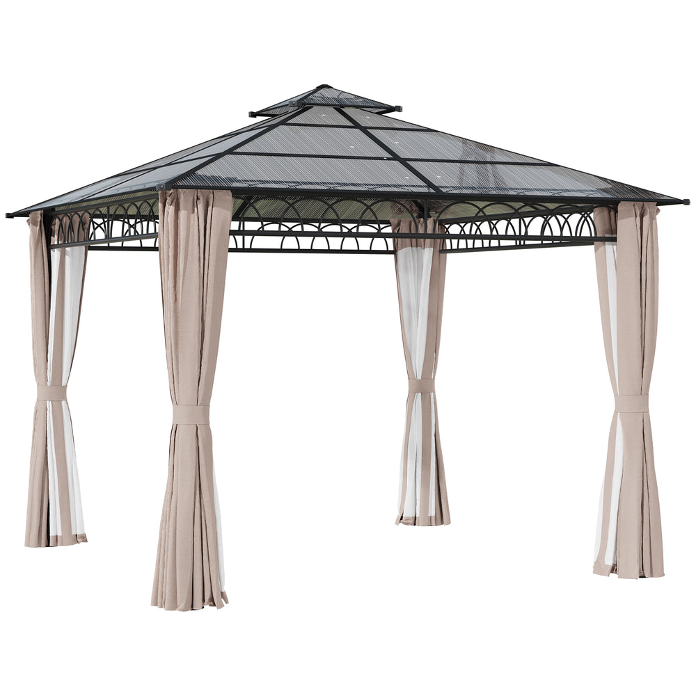 3 x 3 (m) Outdoor Polycarbonate Gazebo, Double Roof Hard Top Gazebo with Galvanized Steel Frame, Nettings & Curtains