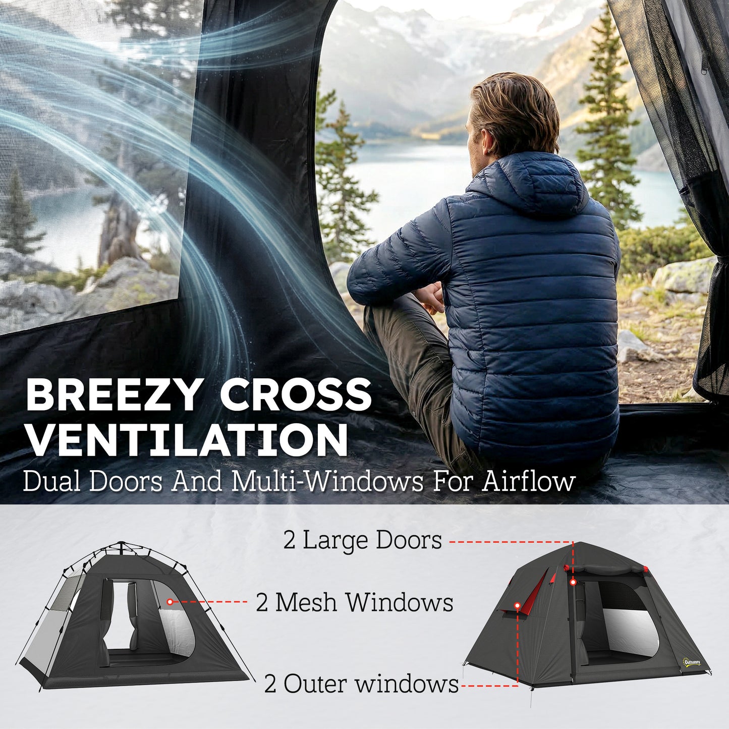 Camping Tent, 2 Man Dome Tent with 2 Doors and 2 Windows, 3000mm Waterproof, with Sewn-in Groundsheet, Carry Bag and Top Hook for Fishing Hiking Festival, Dark Grey & Red