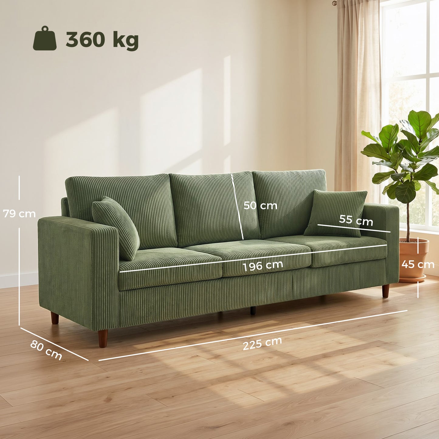 3 Seater Sofa with Wide Seat, Corduroy Upholstered, Green