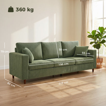 3 Seater Sofa with Wide Seat, Corduroy Upholstered, Green