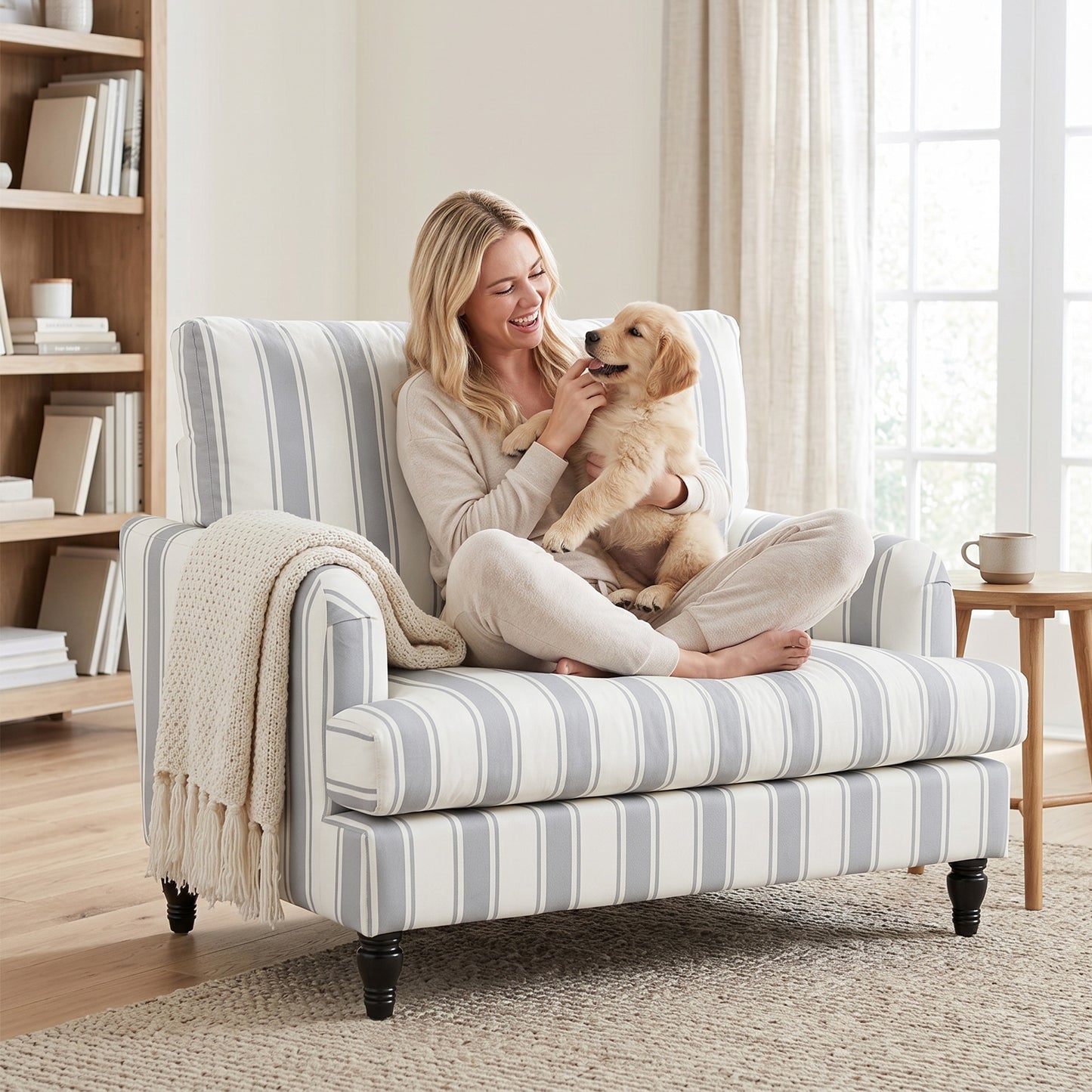 Velvet Single Sofa Armchair with Stripes, Grey