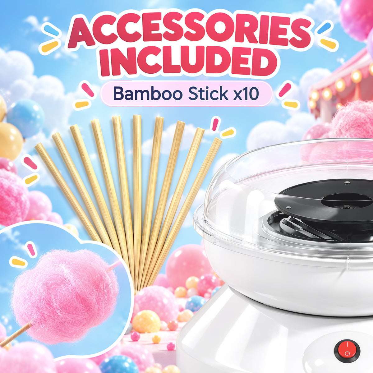 550W Candy Floss Maker with 10 Bamboo Sticks and Sugar Spoon - White