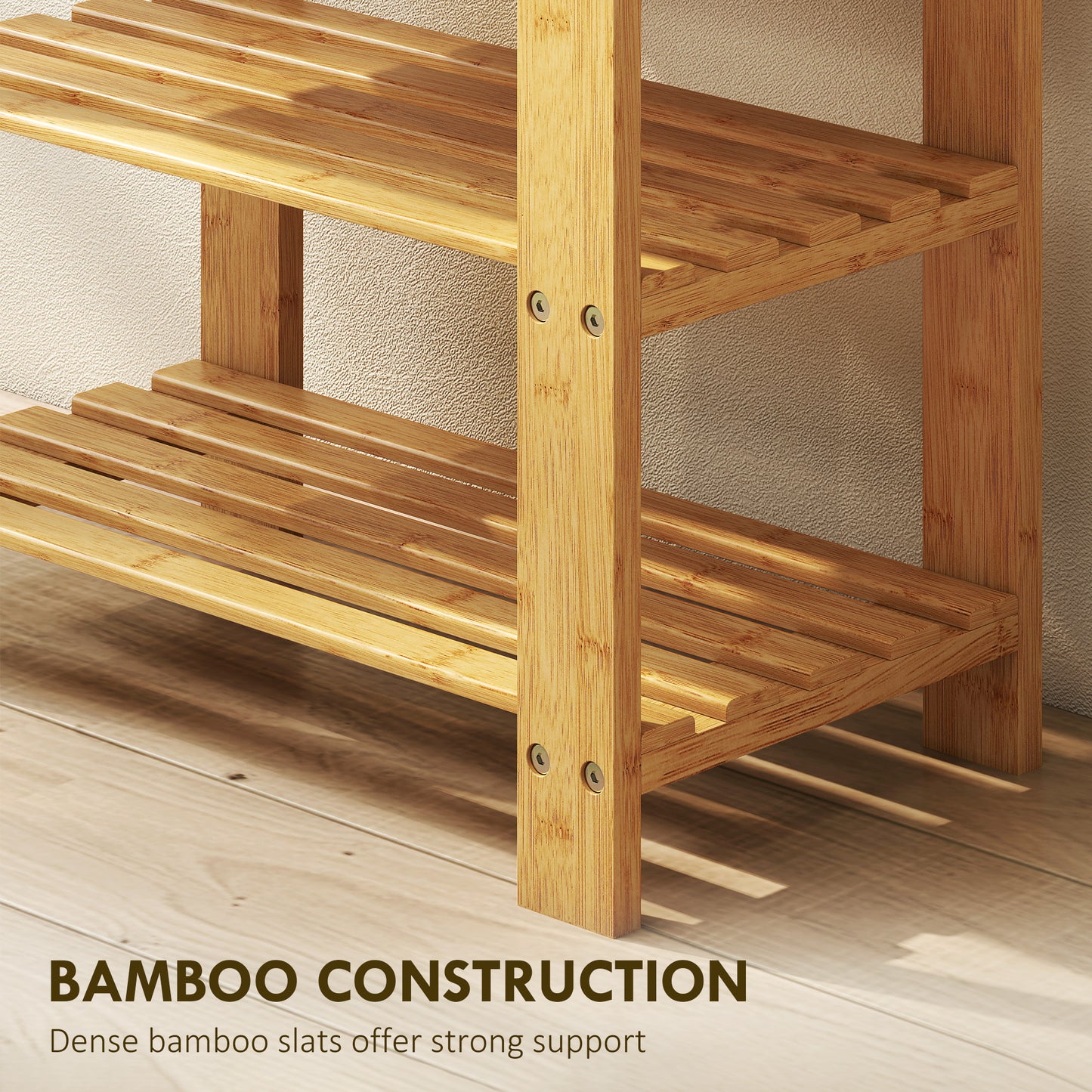 3-Tier Bamboo Shoe Bench with 2 Shelves for Entryway, Wood Finish