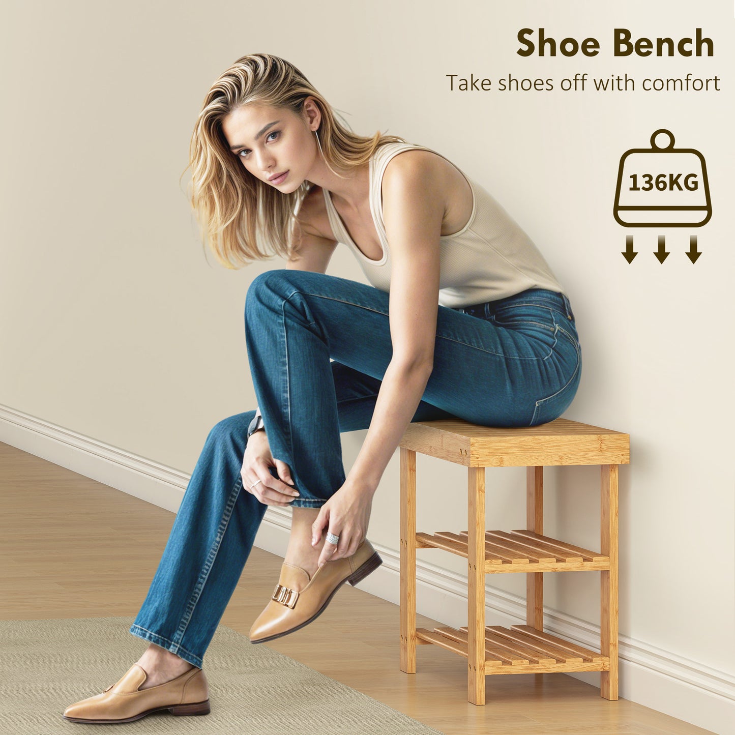 3-Tier Bamboo Shoe Bench with 2 Shelves for Entryway, Wood Finish