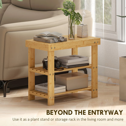 3-Tier Bamboo Shoe Bench with 2 Shelves for Entryway, Wood Finish