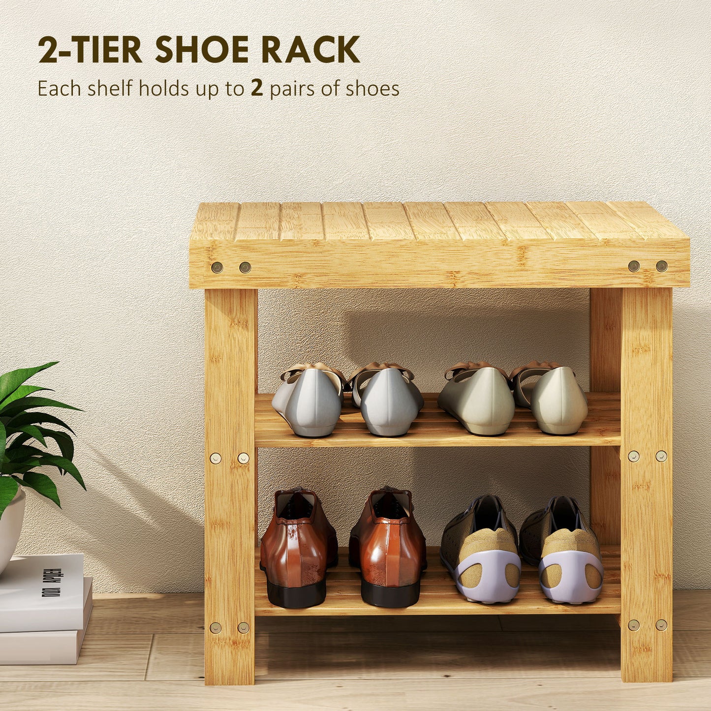 3-Tier Bamboo Shoe Bench with 2 Shelves for Entryway, Wood Finish