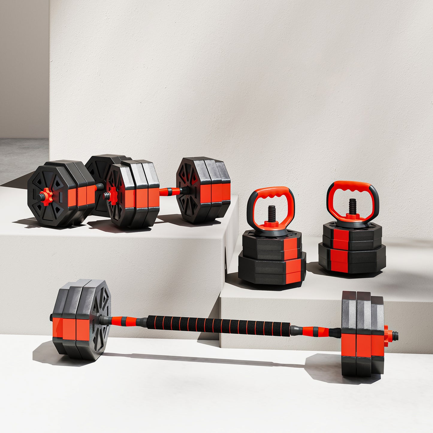 4-in-1 Adjustable Weight Dumbbells Set, 30kg Free Weights Set, Red
