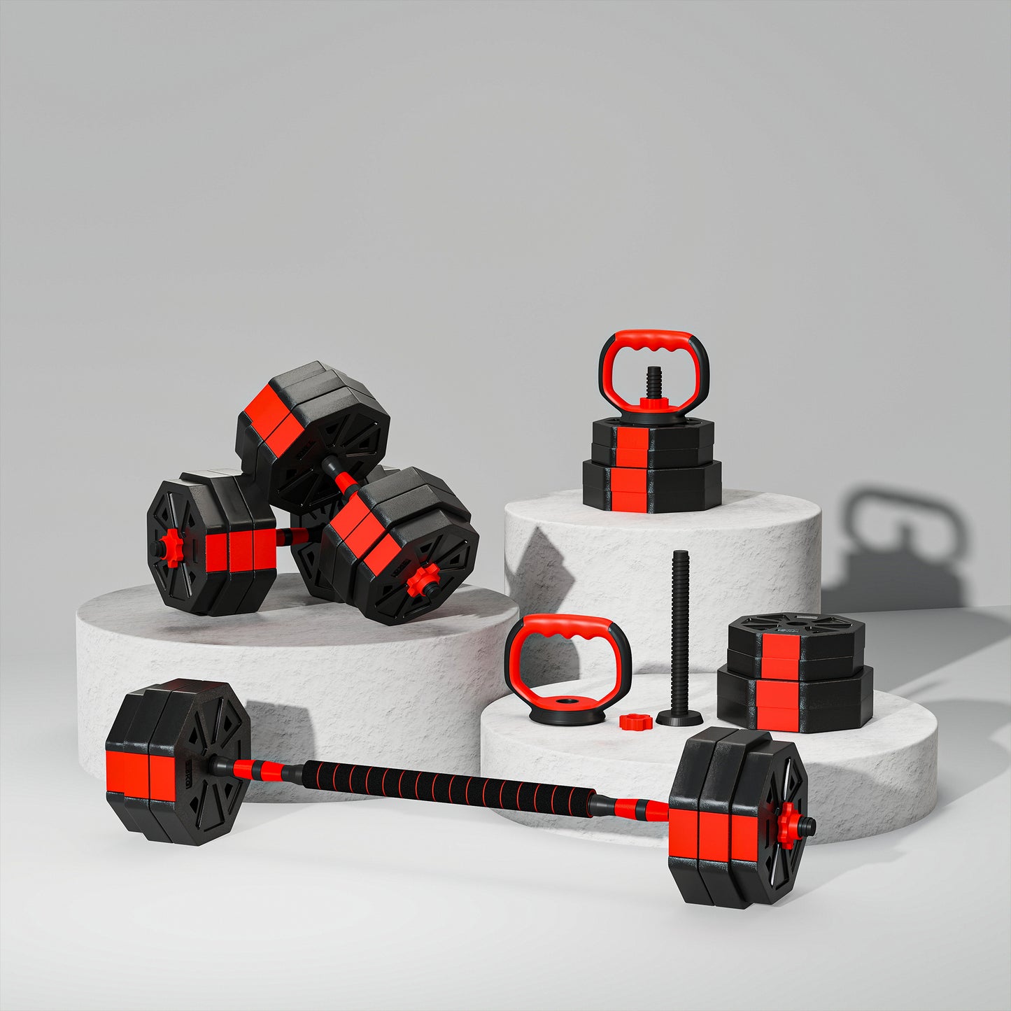4-in-1 Adjustable Weight Dumbbells Set, 30kg Free Weights Set, Red