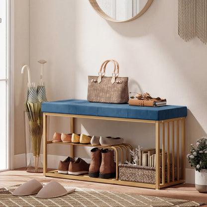 Shoe Storage Bench with Seat Cushion Tufted Shoe Rack Bench Dark Blue