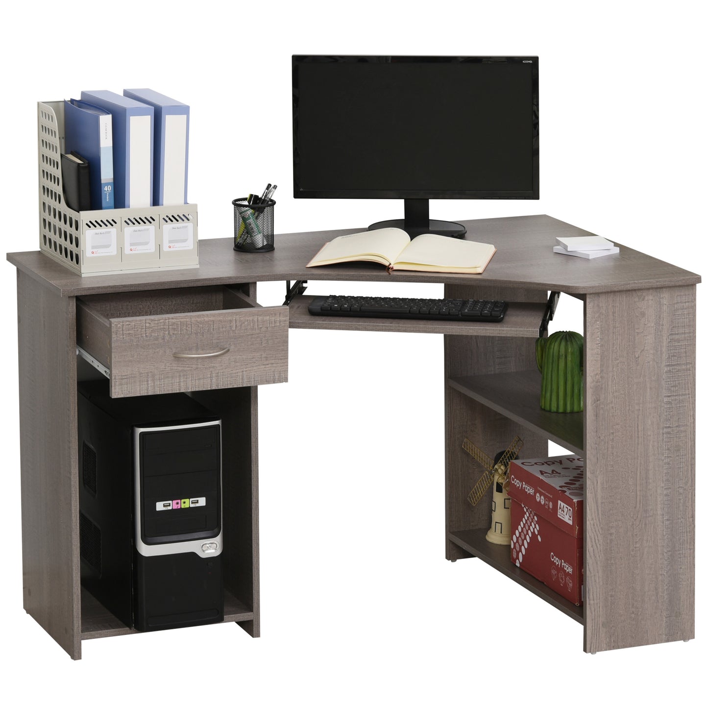 L-Shaped Corner Computer Desk w/ 2 Shelves Worktop Keyboard Tray Grey