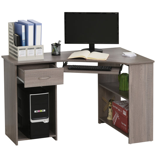 L-Shaped Corner Computer Desk w/ 2 Shelves Worktop Keyboard Tray Grey