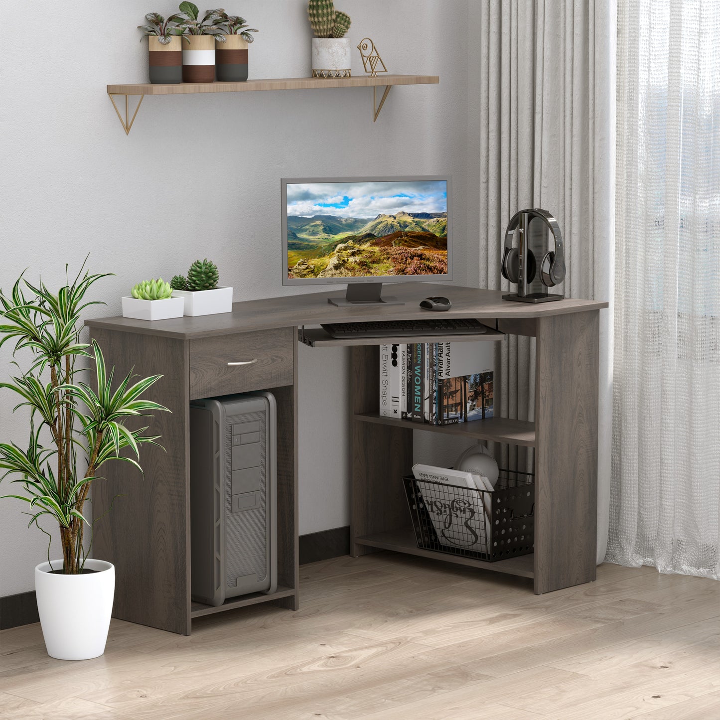 L-Shaped Corner Computer Desk w/ 2 Shelves Worktop Keyboard Tray Grey