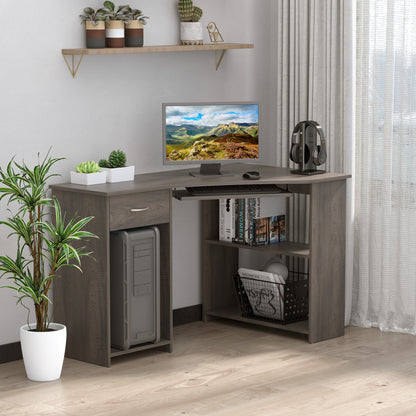 L-Shaped Corner Computer Desk w/ 2 Shelves Worktop Keyboard Tray Grey