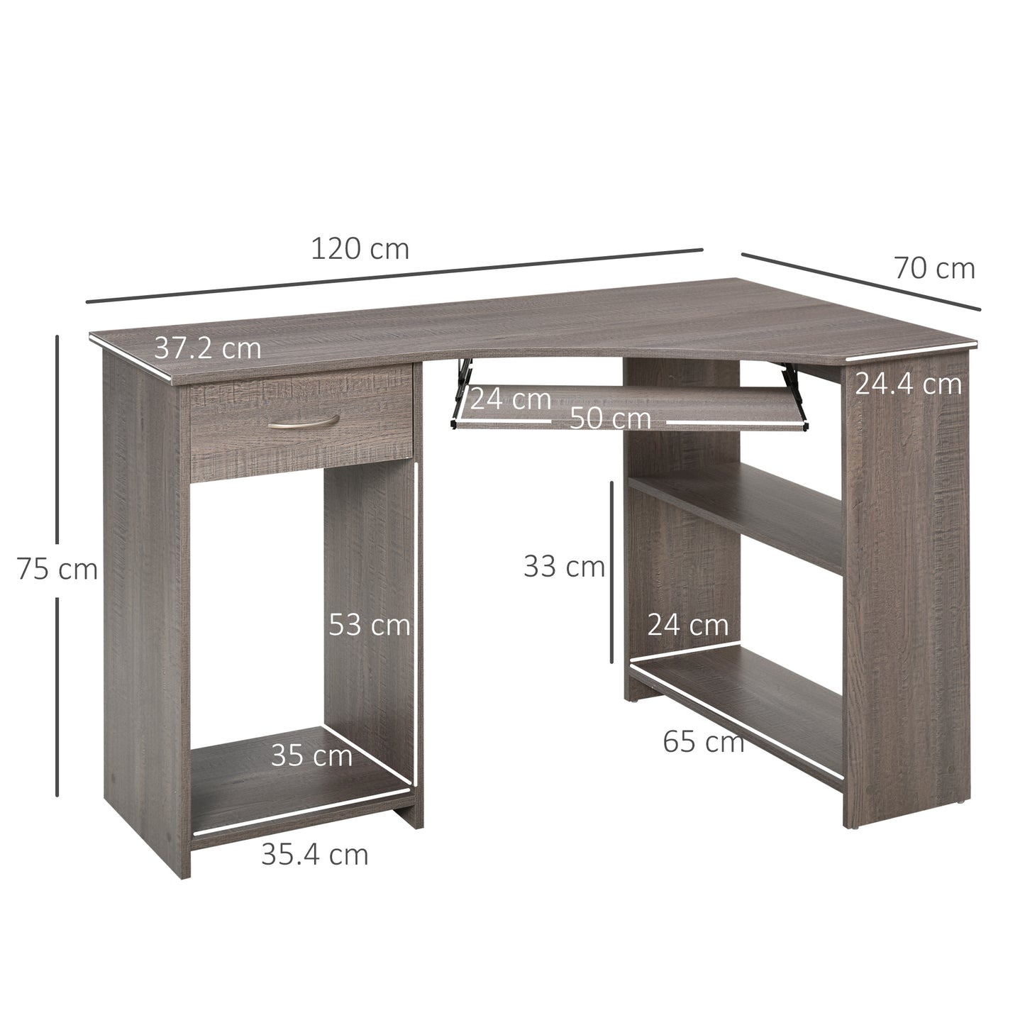 L-Shaped Corner Computer Desk w/ 2 Shelves Worktop Keyboard Tray Grey