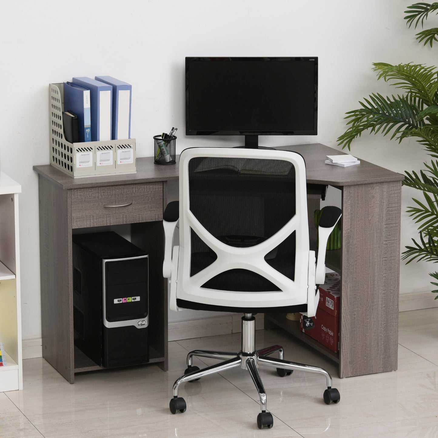 L-Shaped Corner Computer Desk w/ 2 Shelves Worktop Keyboard Tray Grey
