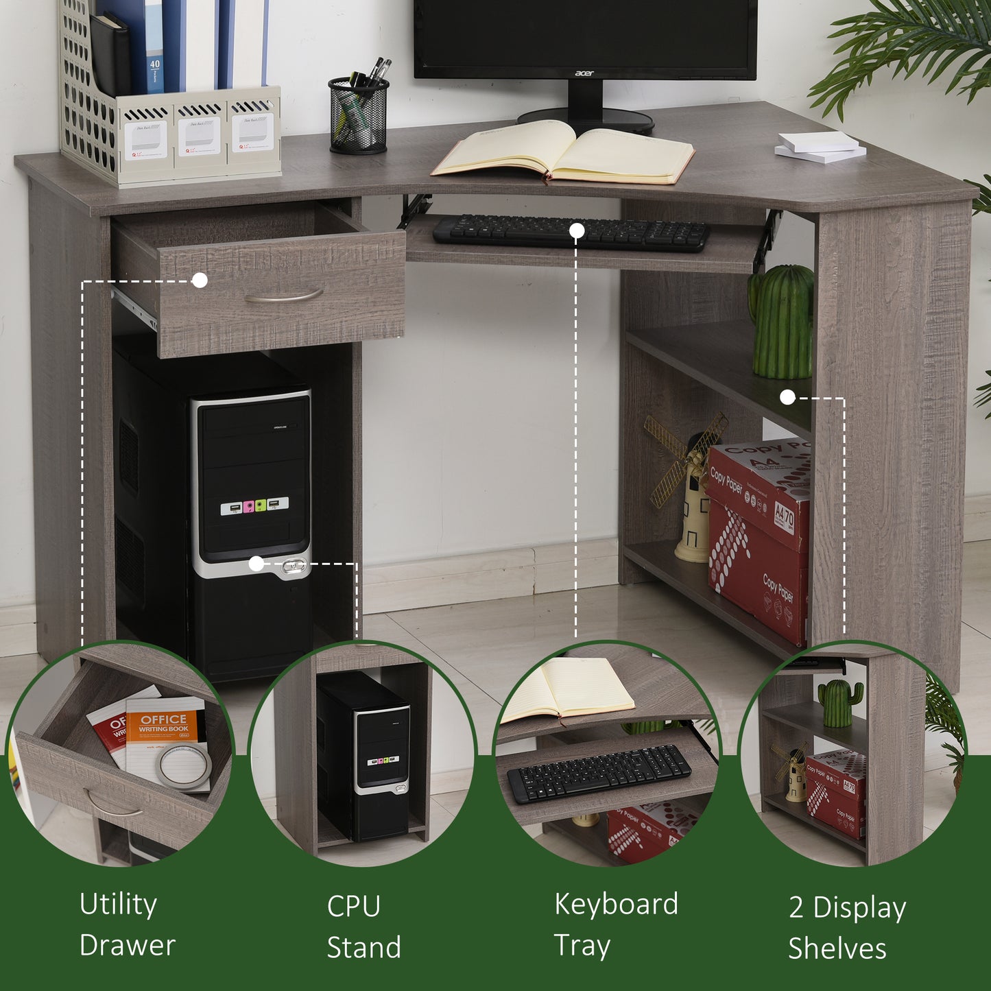 L-Shaped Corner Computer Desk w/ 2 Shelves Worktop Keyboard Tray Grey