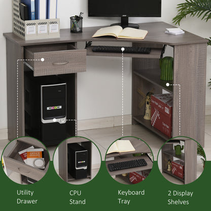 L-Shaped Corner Computer Desk w/ 2 Shelves Worktop Keyboard Tray Grey